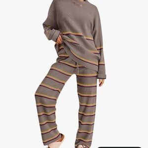 Cozy Taupe Stripe Knit Sweater Set - Women